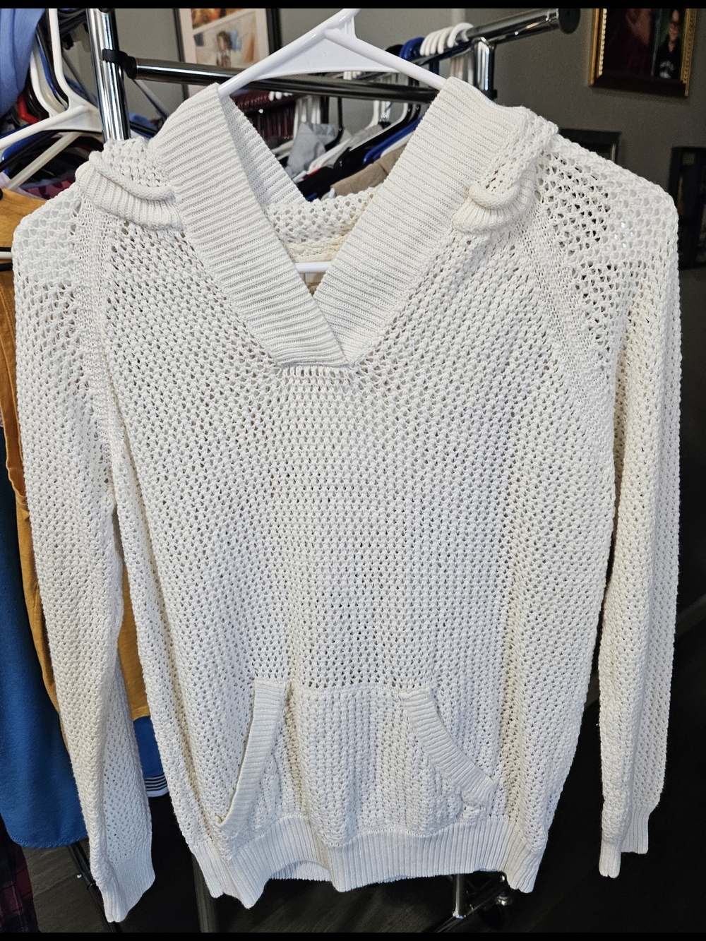Women's Cream Open-Knit Hoodie Sweater